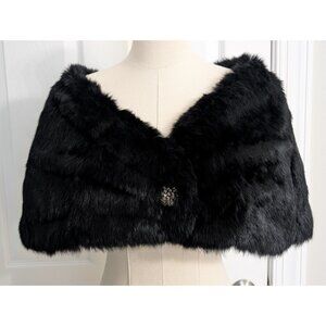 Lord and Taylor 100% Black Rabbit Fur Shrug Capelet Shawl Brooch